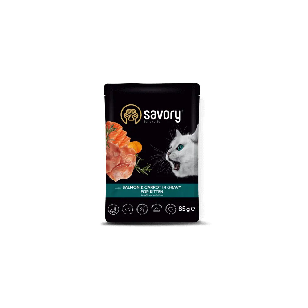SAVORY SASZETKA DLA KOCIĄT Z ŁOSOSIEM I MARCHEWKĄ W SOSIE 85G SAVORY SASZETKA DLA KOCIĄT Z ŁOSOSIEM I MARCHEWKĄ W SOSIE 85G