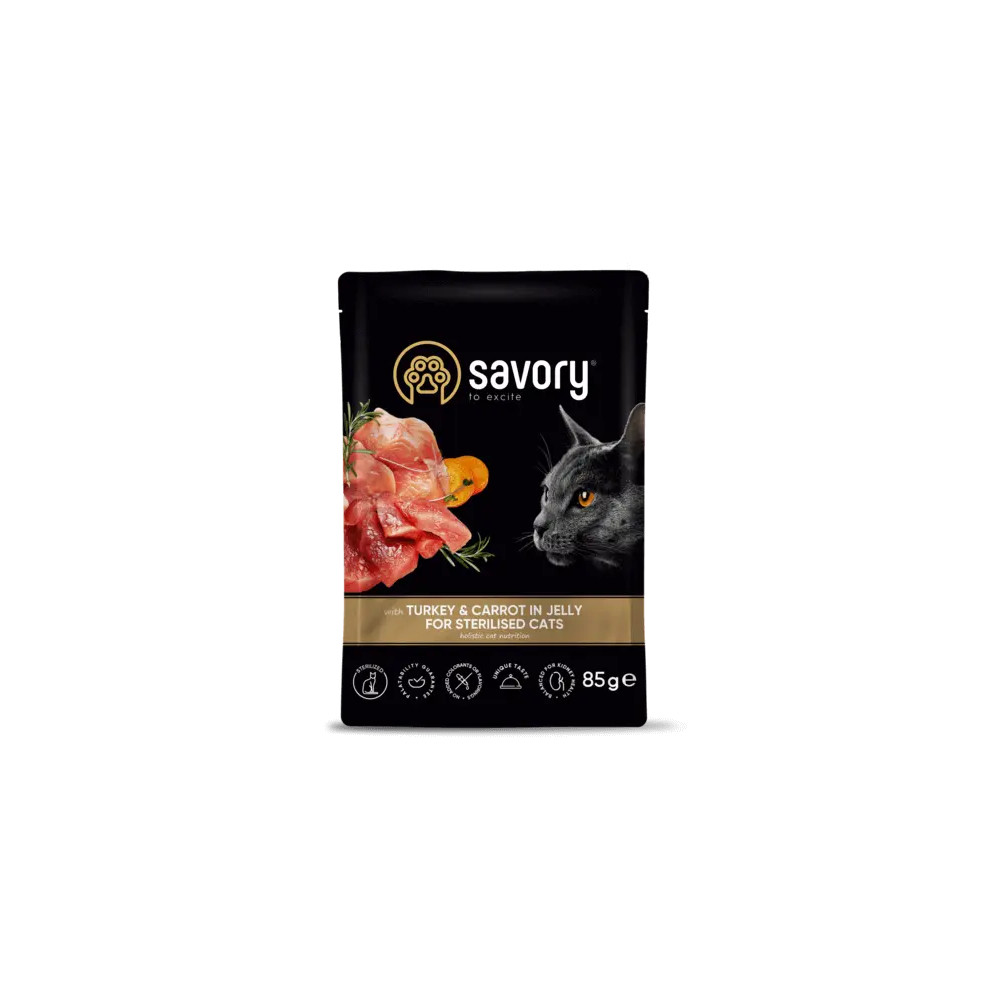 SAVORY SASZETKA DLA STERYLIZOWANEGO KOTA Z INDYKIEM I MARCHEWKĄ W GALARECIE 85G SAVORY SASZETKA DLA STERYLIZOWANEGO KOTA Z INDYKIEM I MARCHEWKĄ W GALARECIE 85G