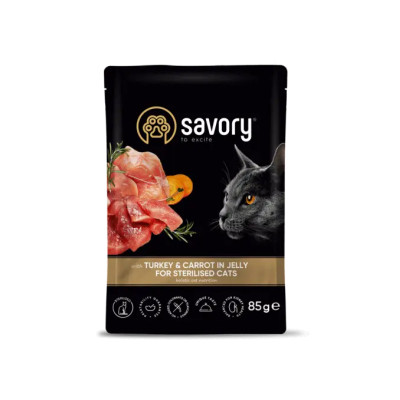 SAVORY SASZETKA DLA STERYLIZOWANEGO KOTA Z INDYKIEM I MARCHEWKĄ W GALARECIE 85G