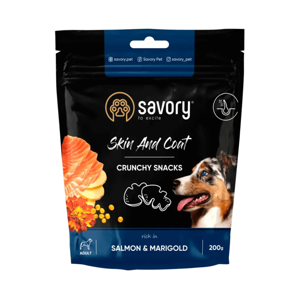 SAVORY CHRUPIĄCE PRZYSMAKI Z ŁOSOSIEM I NAGIETKIEM DLA SKÓRY I SIERŚCI 200G SAVORY CHRUPIĄCE PRZYSMAKI Z ŁOSOSIEM I NAGIETKIEM DLA SKÓRY I SIERŚCI 200G