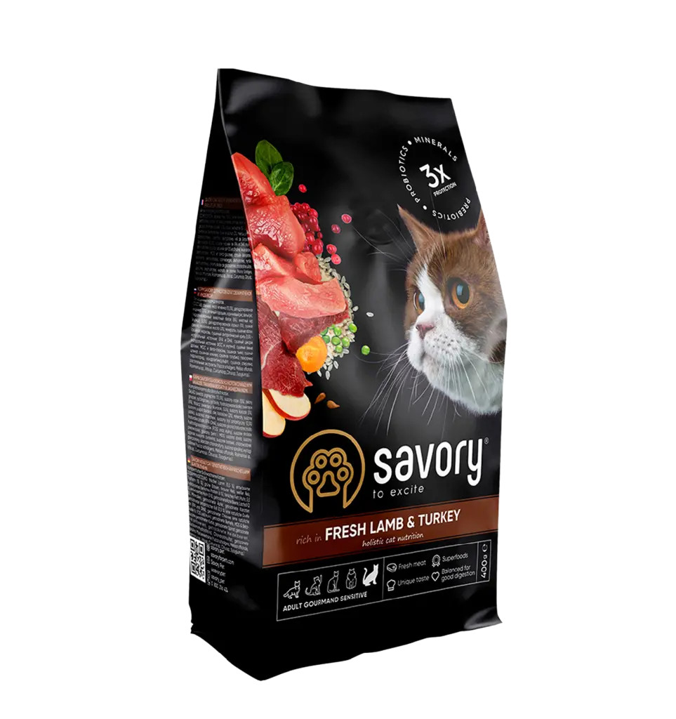 SAVORY KARMA SUCHA Z INDYKIEM I JAGNIĘCINĄ DLA KOTÓW DOROSŁYCH Z WRAŻLIWYM UKŁADEM POKARMOWYM 8 KG