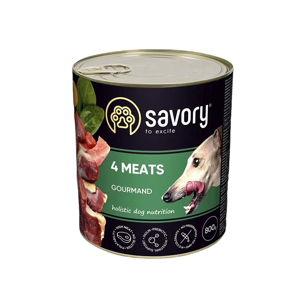 SAVORY KARMA MOKRA O SMAKU 4 MIĘS DLA WYBREDNYCH PSÓW WSZYSTKICH RAS 800 G