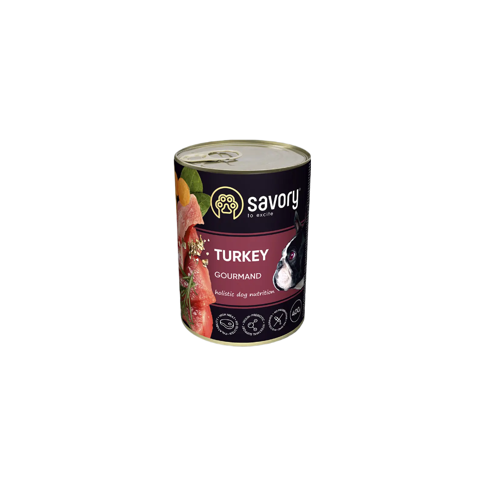 SAVORY KARMA MOKRA Z INDYKIEM DLA WYBREDNYCH PSÓW WSZYSTKICH RAS 400 G