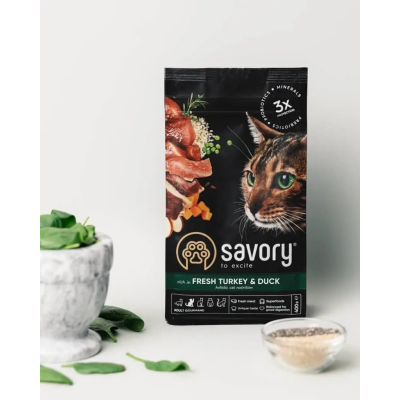 SAVORY KARMA SUCHA DLA KOTÓW DOROSŁYCH Z INDYKIEM I KACZKĄ 400 G