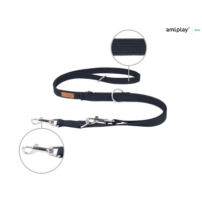 AMIPLAY CZARNA PRZEPINANA SMYCZ DLA ŚREDNIEGO PSA 6IN1 COTTON M 1-2M