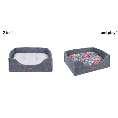 AMIPLAY SZARA FILCOWA SOFA DLA ŚREDNIEGO PSA 2IN1 HYGGE L