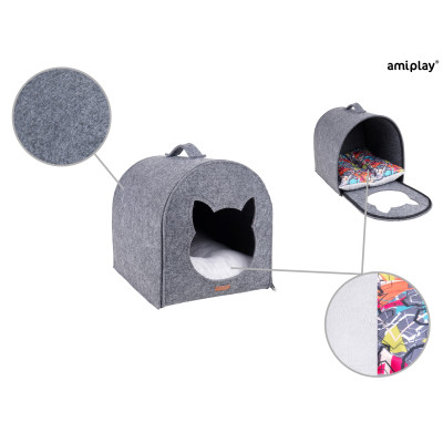 AMIPLAY SZARY FILCOWY DOMEK DLA KOTA QUPRESS 2IN1 HYGGE