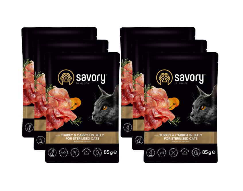 SAVORY SASZETKA DLA STERYLIZOWANEGO KOTA Z INDYKIEM I MARCHEWKĄ W GALARECIE 6x85G