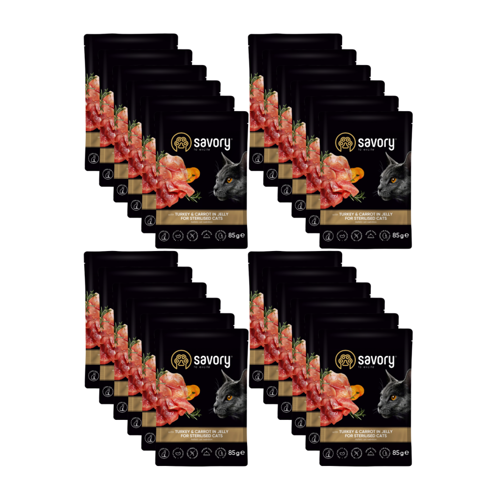 SAVORY SASZETKA DLA STERYLIZOWANEGO KOTA Z INDYKIEM I MARCHEWKĄ W GALARECIE 24x85G