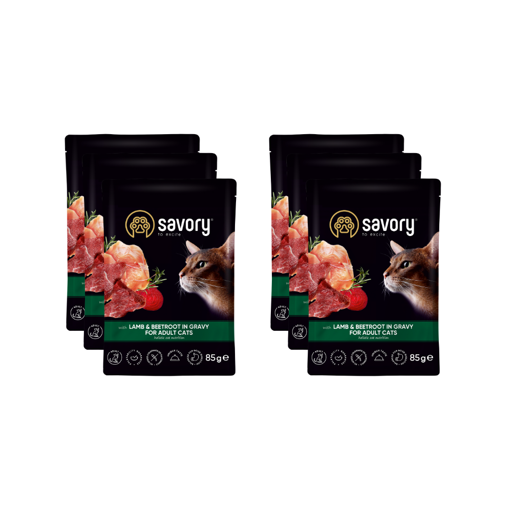 SAVORY SASZETKA DLA DOROSŁEGO KOTA Z JAGNIĘCINĄ I BURAKAMI W SOSIE 6x85G SAVORY SASZETKA DLA DOROSŁEGO KOTA Z JAGNIĘCINĄ I BURAKAMI W SOSIE 6x85G