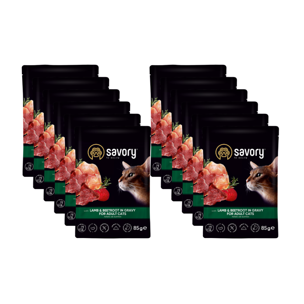 SAVORY SASZETKA DLA DOROSŁEGO KOTA Z JAGNIĘCINĄ I BURAKAMI W SOSIE 12x85G SAVORY SASZETKA DLA DOROSŁEGO KOTA Z JAGNIĘCINĄ I BURAKAMI W SOSIE 12x85G