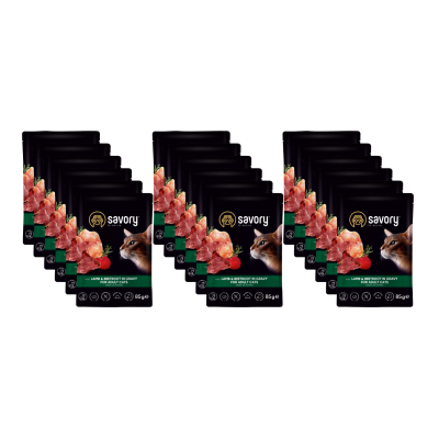 SAVORY SASZETKA DLA DOROSŁEGO KOTA Z JAGNIĘCINĄ I BURAKAMI W SOSIE 18x85G