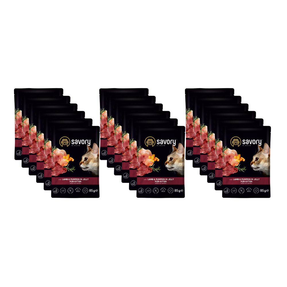 SAVORY SASZETKA DLA KOCIĄT Z JAGNIĘCINĄ I DYNIĄ W GALARECIE 18x85G SAVORY SASZETKA DLA KOCIĄT Z JAGNIĘCINĄ I DYNIĄ W GALARECIE 18x85G