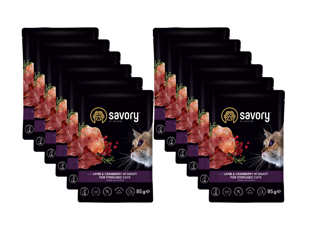 SAVORY SASZETKA DLA STERYLIZOWANEGO KOTA Z JAGNIĘCINĄ I ŻURAWINĄ W SOSIE 12x85G