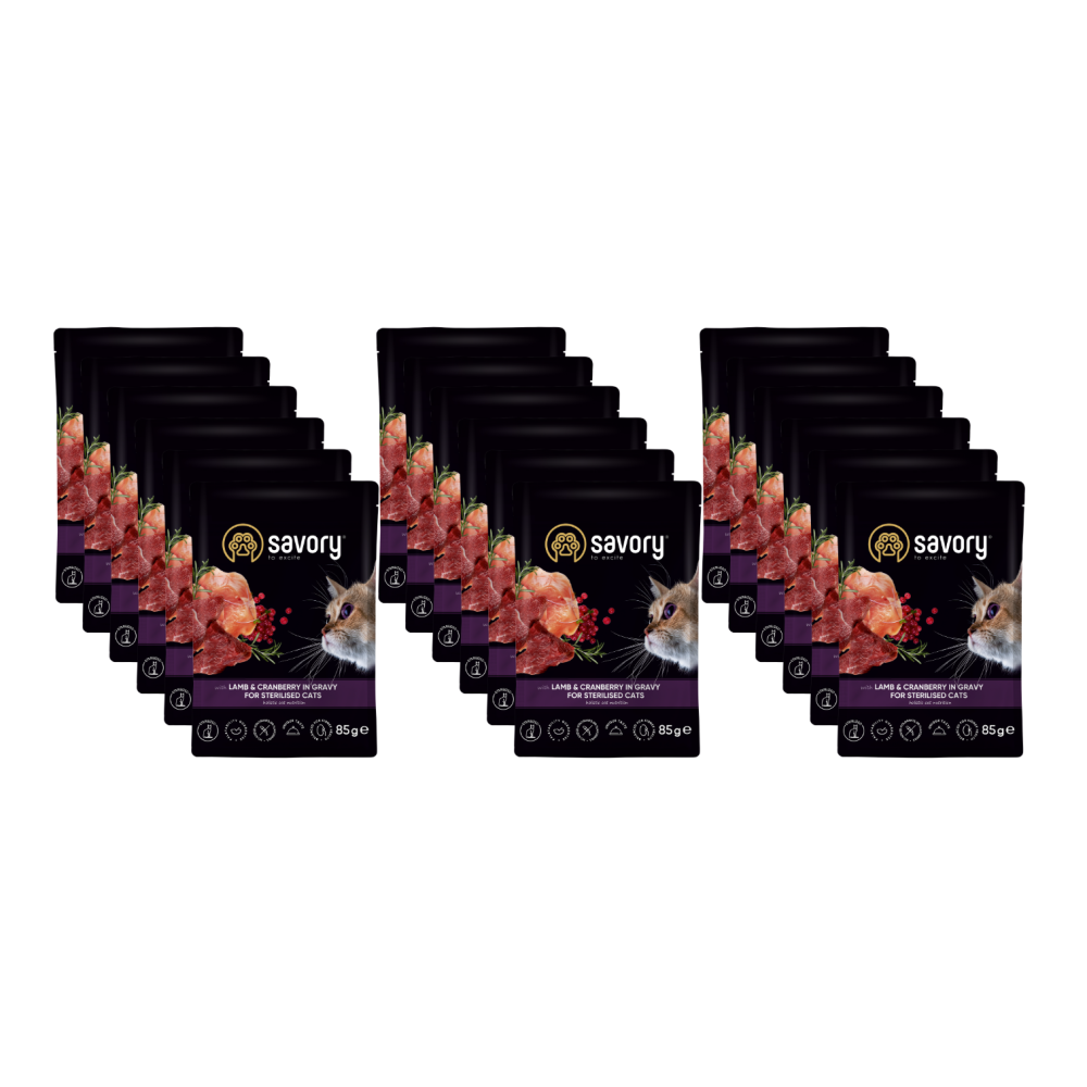 SAVORY SASZETKA DLA STERYLIZOWANEGO KOTA Z JAGNIĘCINĄ I ŻURAWINĄ W SOSIE 18x85G SAVORY SASZETKA DLA STERYLIZOWANEGO KOTA Z JAGNIĘCINĄ I ŻURAWINĄ W SOSIE 18x85G