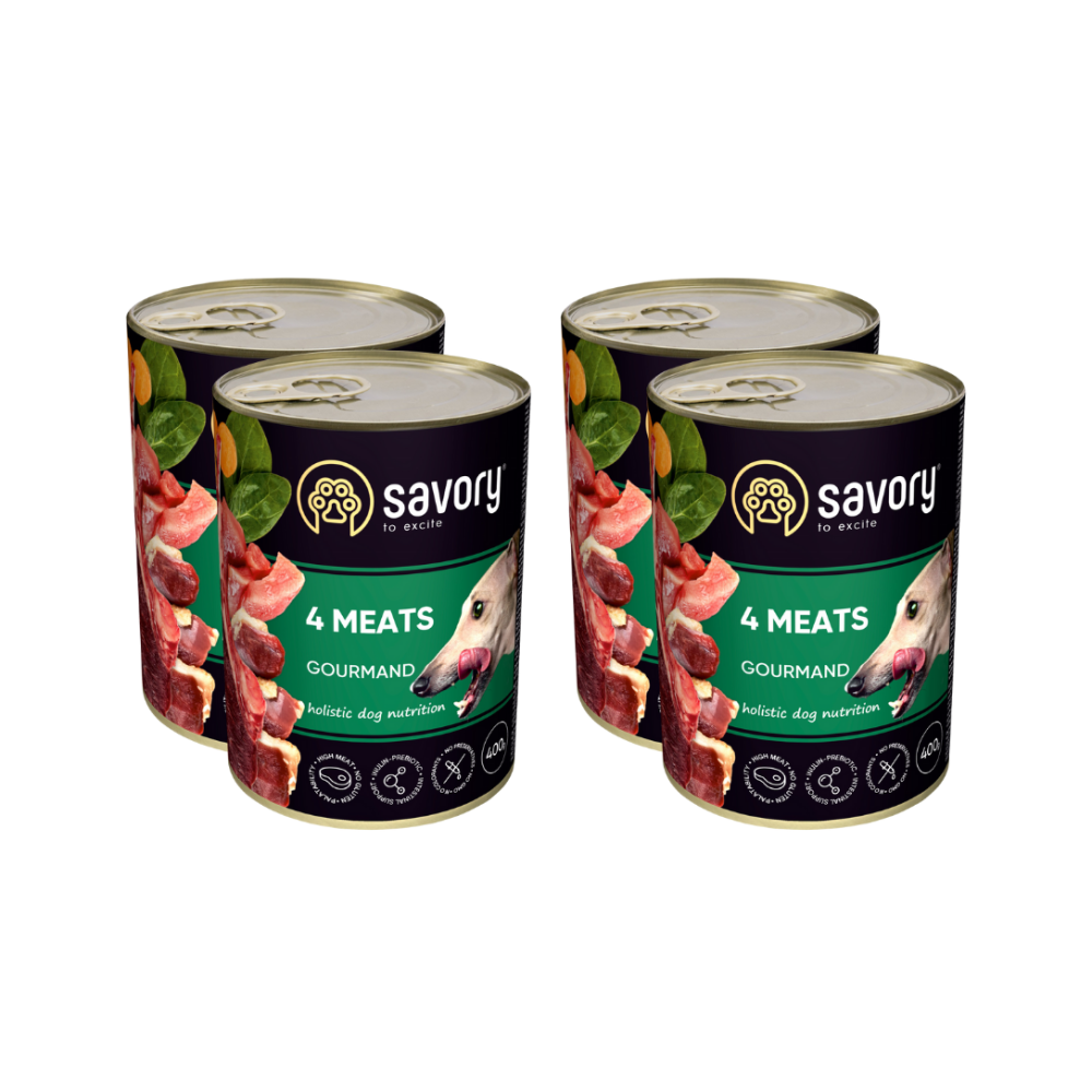SAVORY KARMA MOKRA O SMAKU 4 MIĘS DLA WYBREDNYCH PSÓW WSZYSTKICH RAS 4x400 G