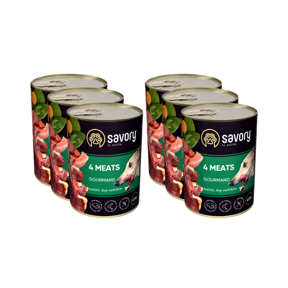 SAVORY KARMA MOKRA O SMAKU 4 MIĘS DLA WYBREDNYCH PSÓW WSZYSTKICH RAS 6x400 G SAVORY KARMA MOKRA O SMAKU 4 MIĘS DLA WYBREDNYCH PSÓW WSZYSTKICH RAS 6x400 G
