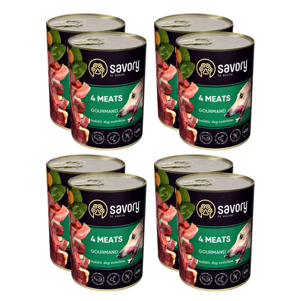 SAVORY KARMA MOKRA O SMAKU 4 MIĘS DLA WYBREDNYCH PSÓW WSZYSTKICH RAS 8x400 G SAVORY KARMA MOKRA O SMAKU 4 MIĘS DLA WYBREDNYCH PSÓW WSZYSTKICH RAS 8x400 G