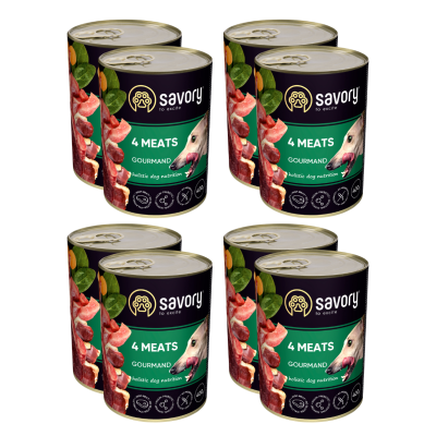 SAVORY KARMA MOKRA O SMAKU 4 MIĘS DLA WYBREDNYCH PSÓW WSZYSTKICH RAS 8x400 G
