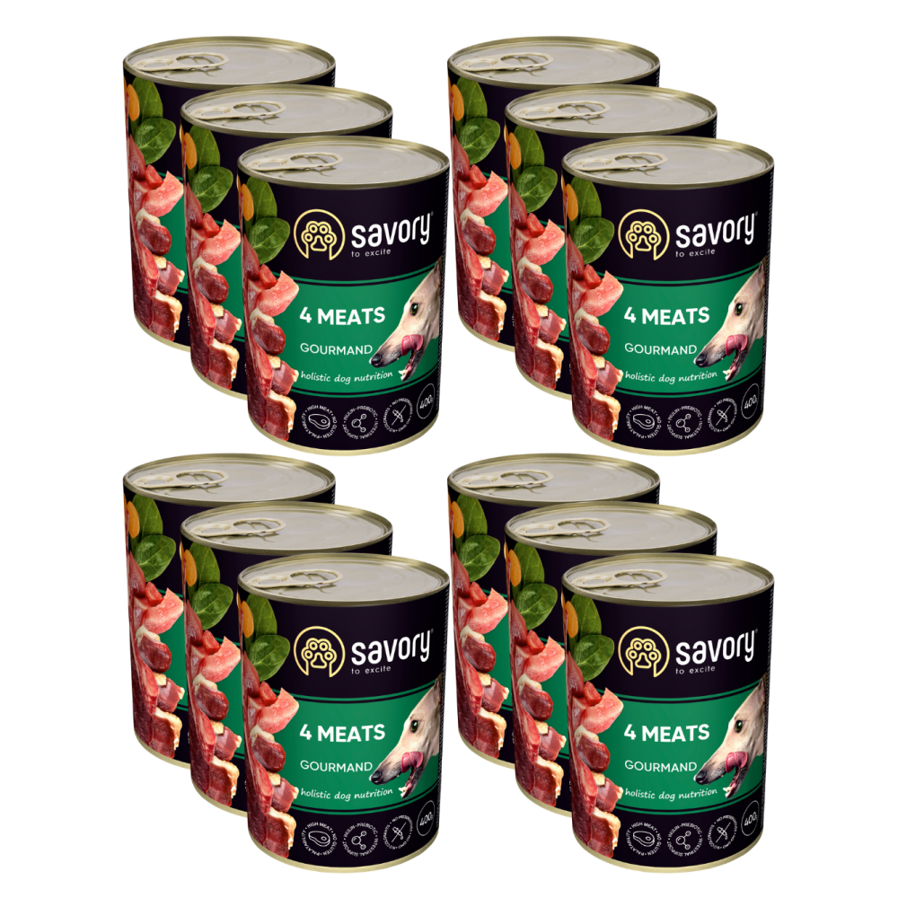 SAVORY KARMA MOKRA O SMAKU 4 MIĘS DLA WYBREDNYCH PSÓW WSZYSTKICH RAS 12x400 G SAVORY KARMA MOKRA O SMAKU 4 MIĘS DLA WYBREDNYCH PSÓW WSZYSTKICH RAS 12x400 G
