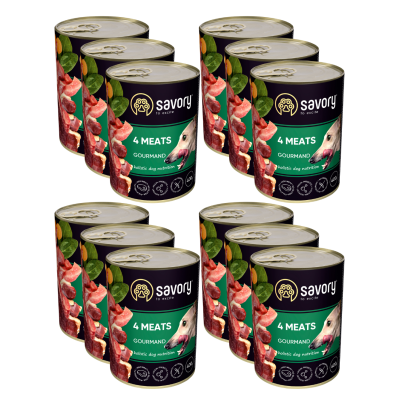 SAVORY KARMA MOKRA O SMAKU 4 MIĘS DLA WYBREDNYCH PSÓW WSZYSTKICH RAS 12x400 G