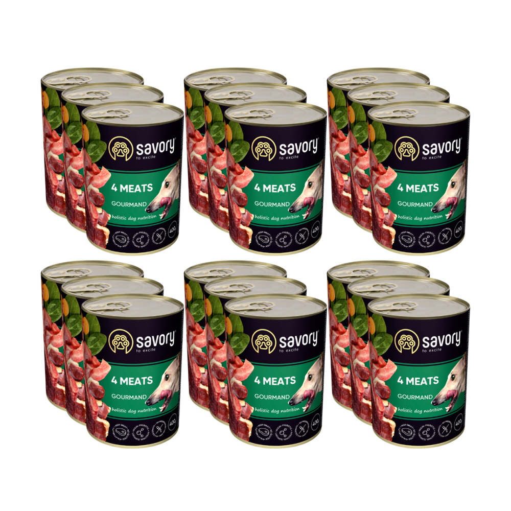 SAVORY KARMA MOKRA O SMAKU 4 MIĘS DLA WYBREDNYCH PSÓW WSZYSTKICH RAS 18x400 G SAVORY KARMA MOKRA O SMAKU 4 MIĘS DLA WYBREDNYCH PSÓW WSZYSTKICH RAS 18x400 G