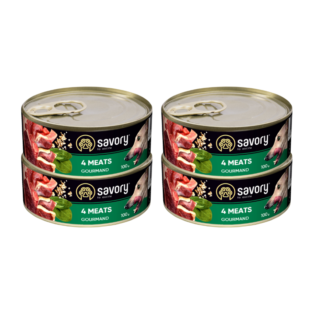 SAVORY PASZTET 4 MIĘSA DLA WYBREDNYCH PSÓW WSZYSTKICH RAS 4x100G