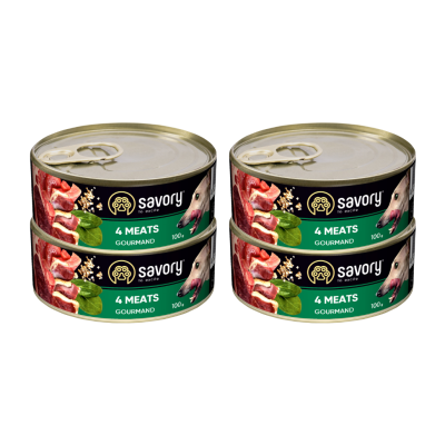 SAVORY PASZTET 4 MIĘSA DLA WYBREDNYCH PSÓW WSZYSTKICH RAS 4x100G