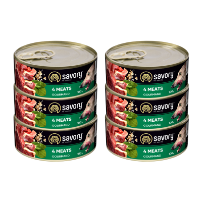 SAVORY PASZTET 4 MIĘSA DLA WYBREDNYCH PSÓW WSZYSTKICH RAS 6x100G
