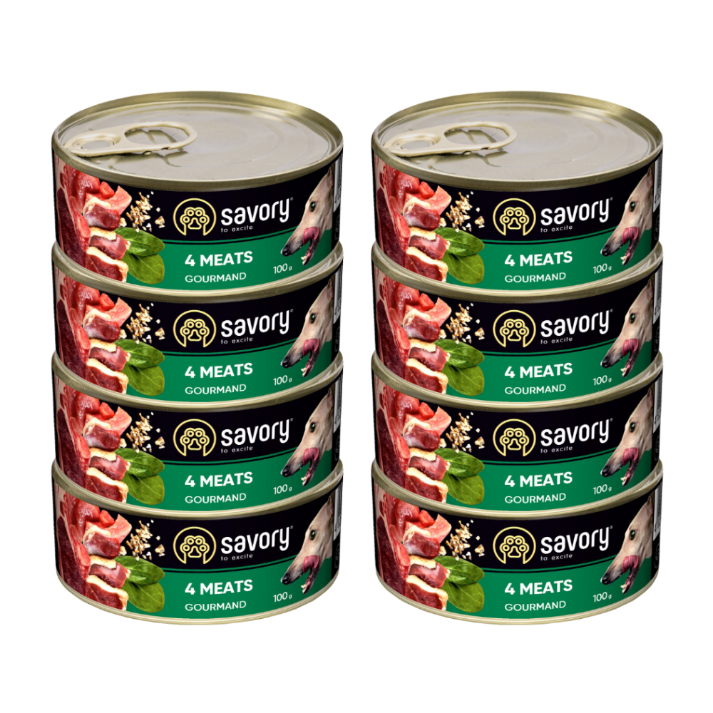 SAVORY PASZTET 4 MIĘSA DLA WYBREDNYCH PSÓW WSZYSTKICH RAS 8x100G