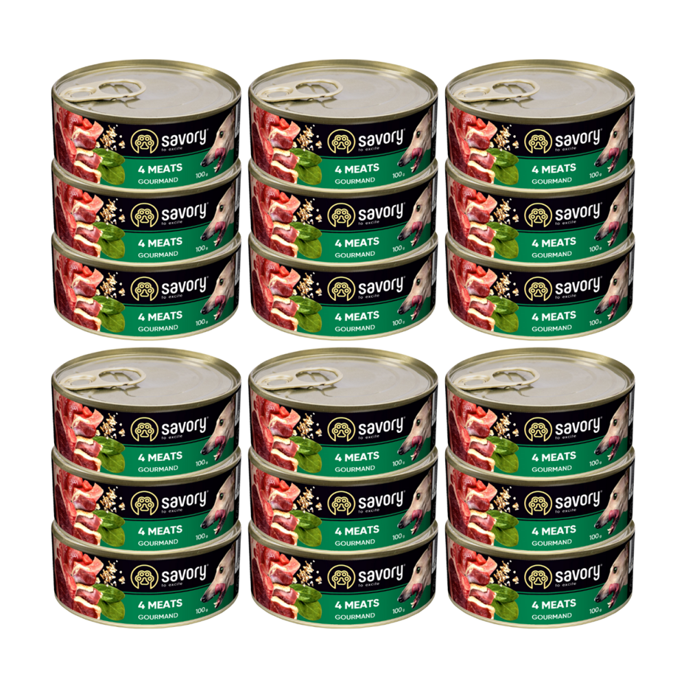 SAVORY PASZTET 4 MIĘSA DLA WYBREDNYCH PSÓW WSZYSTKICH RAS 18x100G