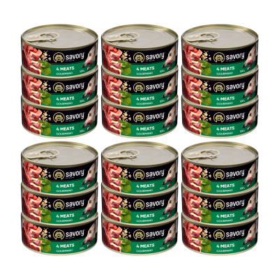SAVORY PASZTET 4 MIĘSA DLA WYBREDNYCH PSÓW WSZYSTKICH RAS 18x100G