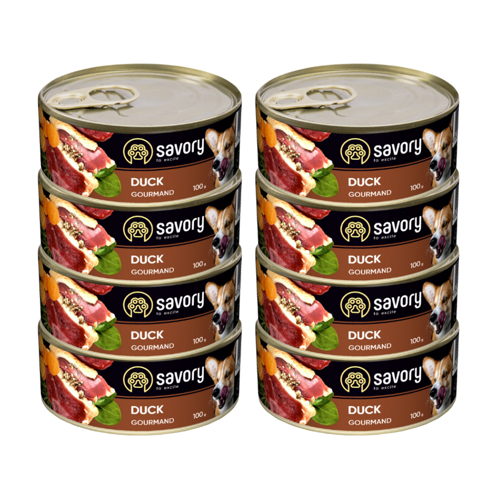 SAVORY KARMA MOKRA Z KACZKĄ DLA WYBREDNYCH PSÓW WSZYSTKICH RAS 8x100 G