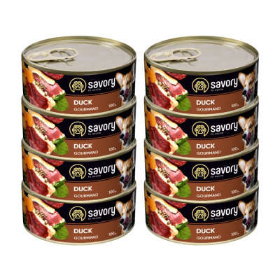SAVORY KARMA MOKRA Z KACZKĄ DLA WYBREDNYCH PSÓW WSZYSTKICH RAS 8x100 G