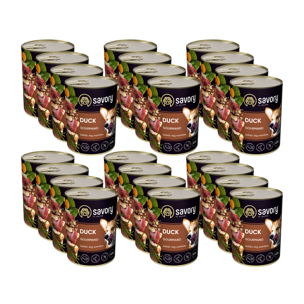SAVORY KARMA MOKRA Z KACZKĄ DLA WYBREDNYCH PSÓW WSZYSTKICH RAS 24x400 G
