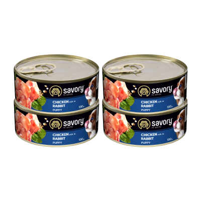 SAVORY PASZTET DLA SZCZENIĄT WSZYSTKICH RAS, OD 3 MIESIĄCA ŻYCIA KURCZAK I KRÓLIK 4x100G