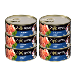 SAVORY PASZTET DLA SZCZENIĄT WSZYSTKICH RAS, OD 3 MIESIĄCA ŻYCIA KURCZAK I KRÓLIK 6x100G