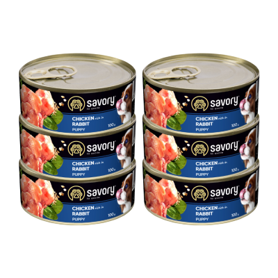 SAVORY PASZTET DLA SZCZENIĄT WSZYSTKICH RAS, OD 3 MIESIĄCA ŻYCIA KURCZAK I KRÓLIK 6x100G