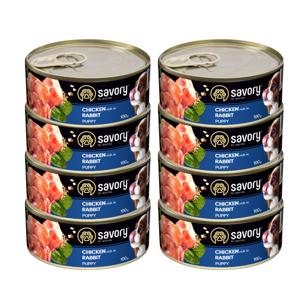 SAVORY PASZTET DLA SZCZENIĄT WSZYSTKICH RAS, OD 3 MIESIĄCA ŻYCIA KURCZAK I KRÓLIK 8x100G