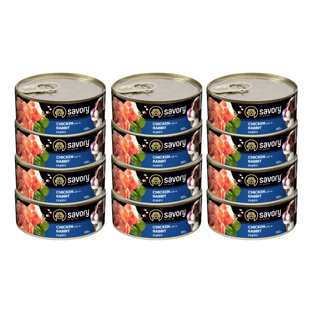 SAVORY PASZTET DLA SZCZENIĄT WSZYSTKICH RAS, OD 3 MIESIĄCA ŻYCIA KURCZAK I KRÓLIK 12x100G