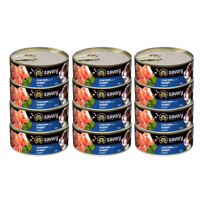 SAVORY PASZTET DLA SZCZENIĄT WSZYSTKICH RAS, OD 3 MIESIĄCA ŻYCIA KURCZAK I KRÓLIK 12x100G