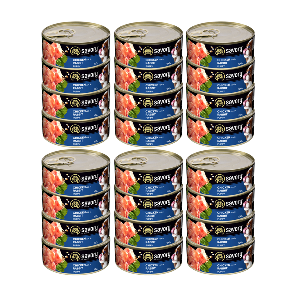 SAVORY PASZTET DLA SZCZENIĄT WSZYSTKICH RAS, OD 3 MIESIĄCA ŻYCIA KURCZAK I KRÓLIK 24x100G