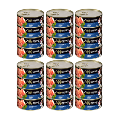 SAVORY PASZTET DLA SZCZENIĄT WSZYSTKICH RAS, OD 3 MIESIĄCA ŻYCIA KURCZAK I KRÓLIK 24x100G