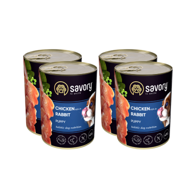 SAVORY KARMA MOKRA Z KURCZAKIEM I KRÓLIKIEM DLA SZCZENIĄT WSZYSTKICH RAS OD 3 MIESIĄCA ŻYCIA 4x400 G