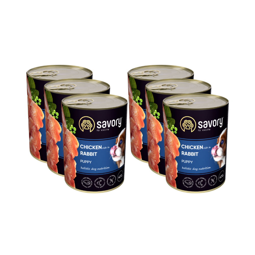 SAVORY KARMA MOKRA Z KURCZAKIEM I KRÓLIKIEM DLA SZCZENIĄT WSZYSTKICH RAS OD 3 MIESIĄCA ŻYCIA 6x400 G