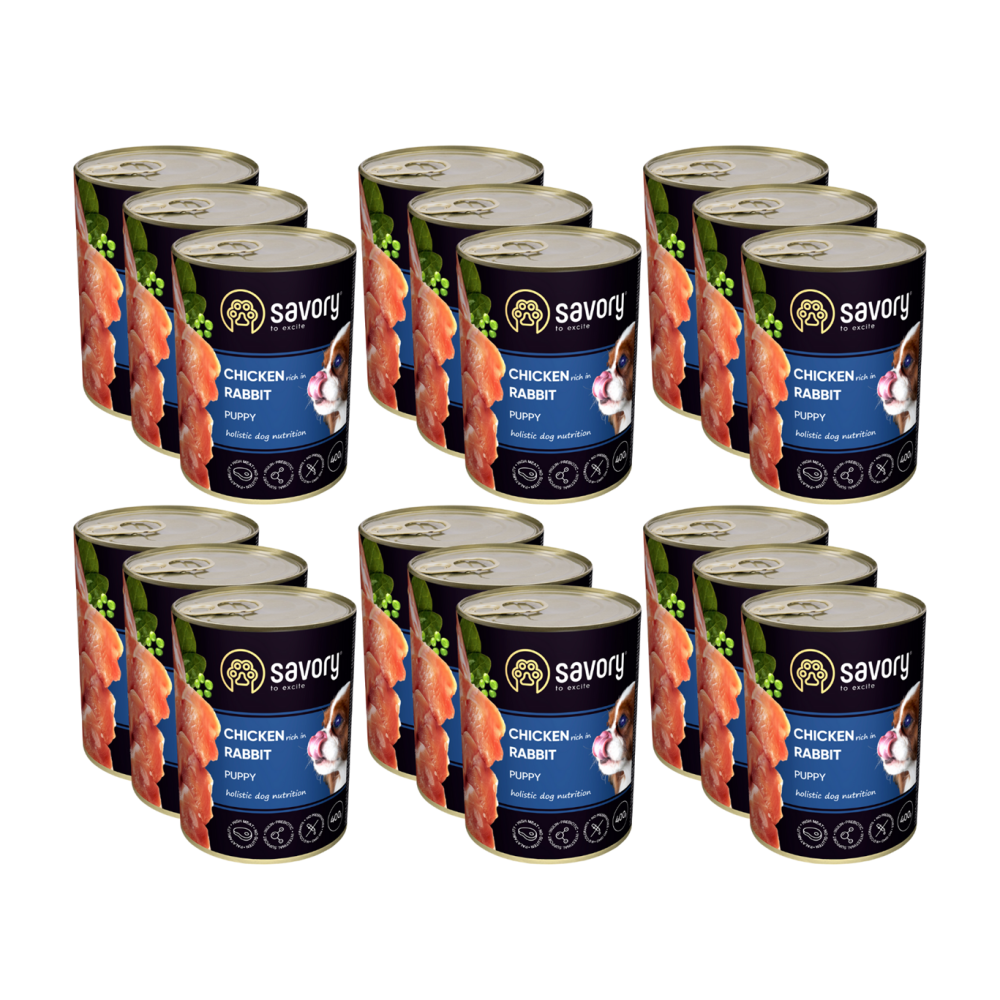 SAVORY KARMA MOKRA Z KURCZAKIEM I KRÓLIKIEM DLA SZCZENIĄT WSZYSTKICH RAS OD 3 MIESIĄCA ŻYCIA 18x400 G SAVORY KARMA MOKRA Z KURCZAKIEM I KRÓLIKIEM DLA SZCZENIĄT WSZYSTKICH RAS OD 3 MIESIĄCA ŻYCIA 18x400 G
