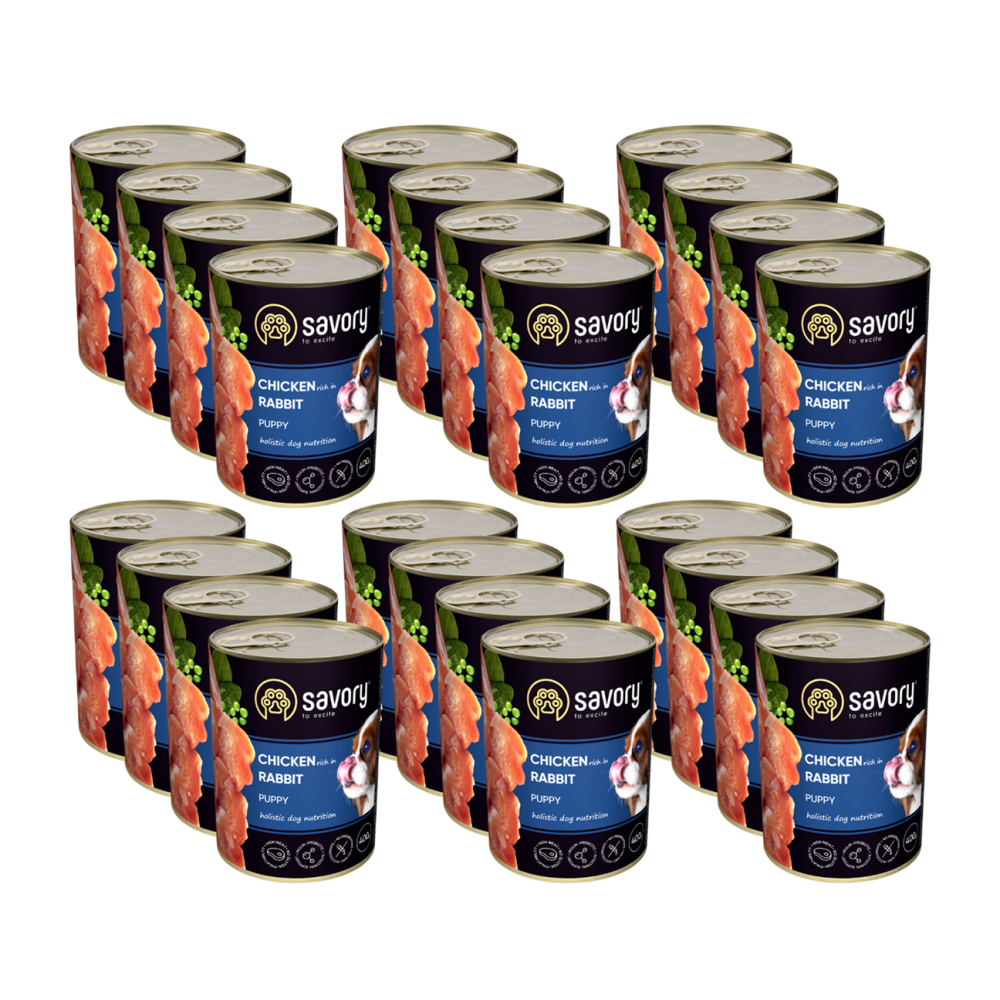 SAVORY KARMA MOKRA Z KURCZAKIEM I KRÓLIKIEM DLA SZCZENIĄT WSZYSTKICH RAS OD 3 MIESIĄCA ŻYCIA 24x400 G