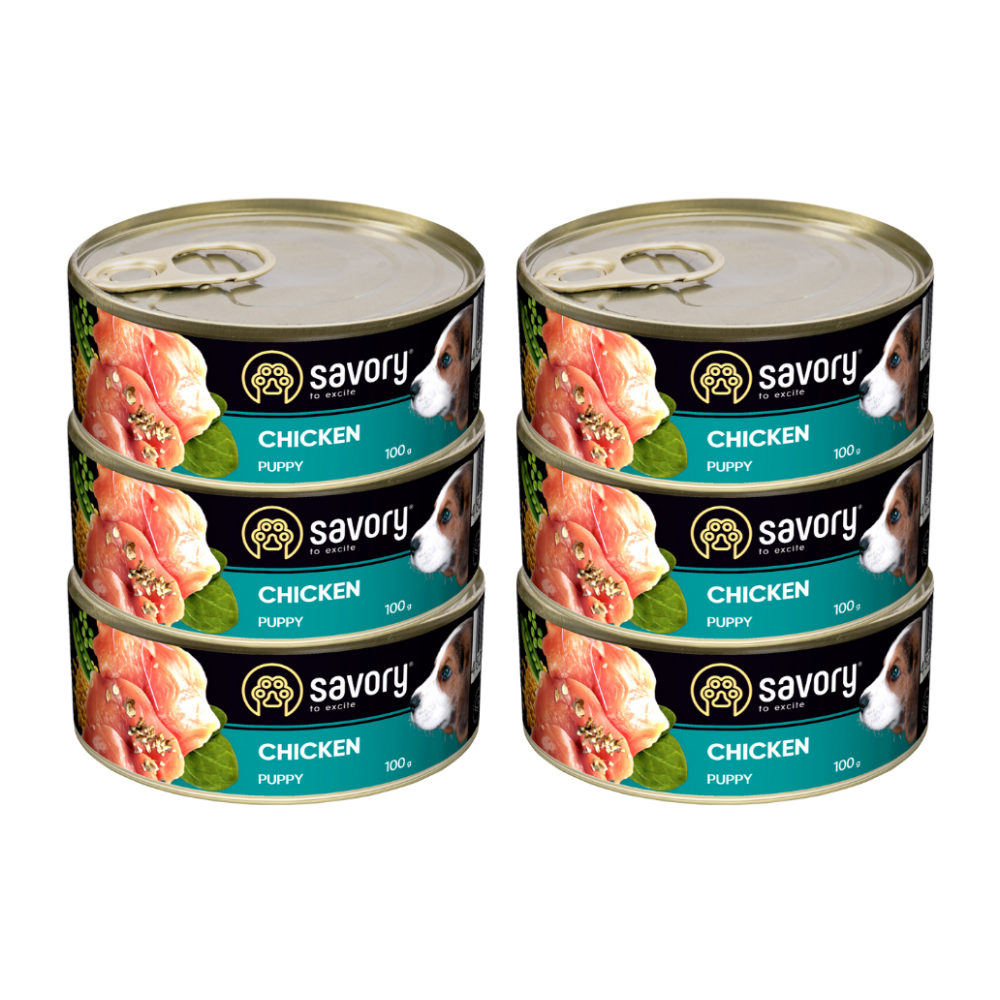SAVORY PASZTET DLA SZCZENIĄT WSZYSTKICH RAS OD 3 MIESIĄCA ŻYCIA KURCZAK 6x100G SAVORY PASZTET DLA SZCZENIĄT WSZYSTKICH RAS OD 3 MIESIĄCA ŻYCIA KURCZAK 6x100G