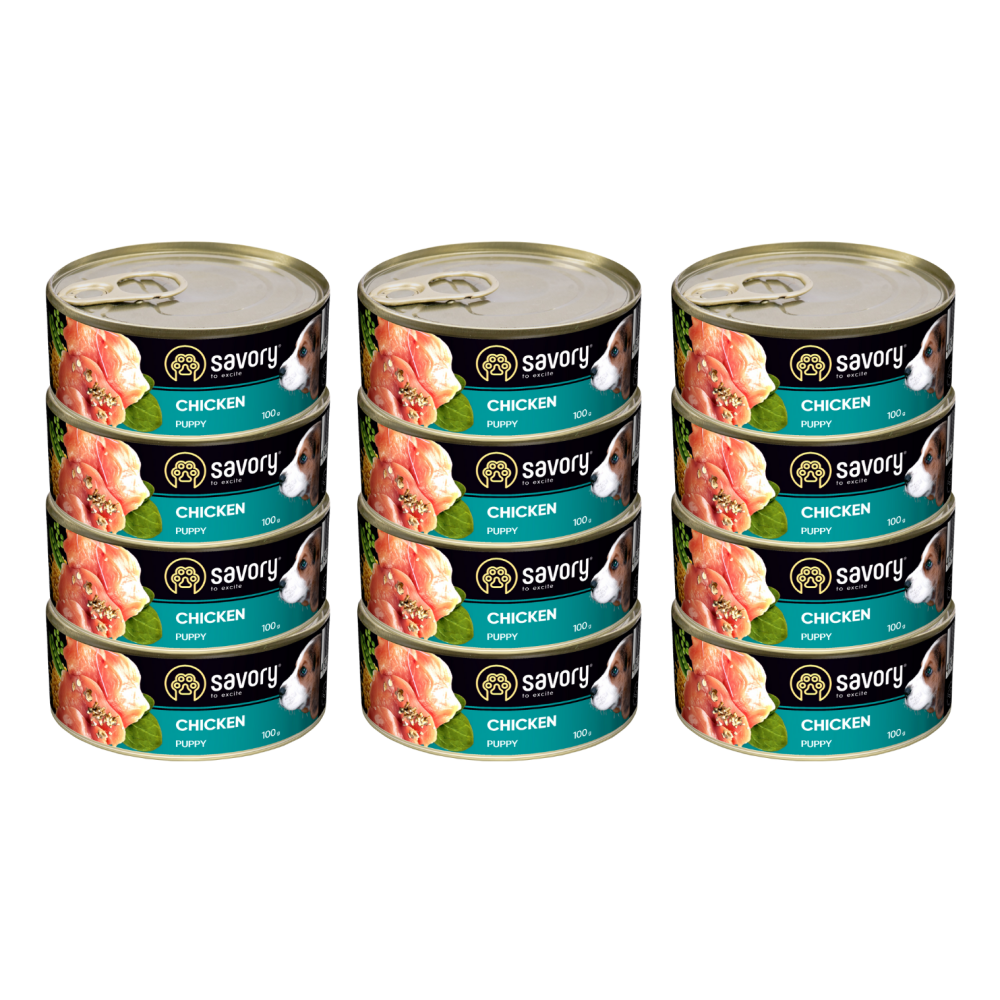 SAVORY PASZTET DLA SZCZENIĄT WSZYSTKICH RAS OD 3 MIESIĄCA ŻYCIA KURCZAK 12x100G SAVORY PASZTET DLA SZCZENIĄT WSZYSTKICH RAS OD 3 MIESIĄCA ŻYCIA KURCZAK 12x100G