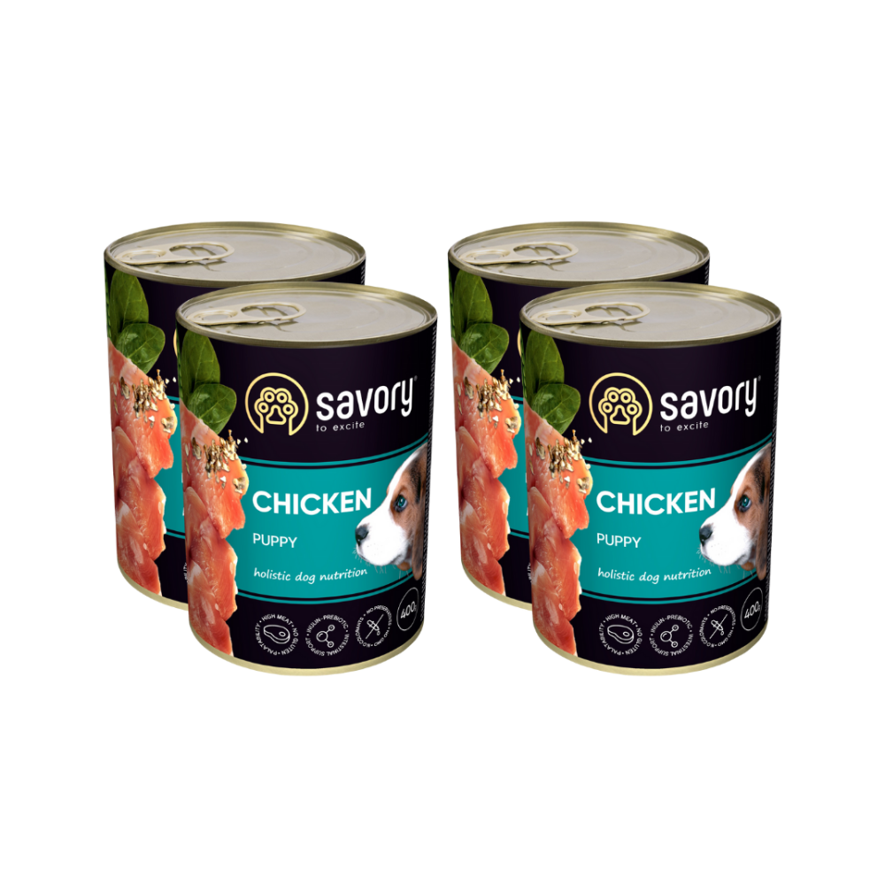 SAVORY KARMA MOKRA Z KURCZAKIEM DLA SZCZENIĄT WSZYSTKICH RAS OD 3 MIESIĄCA ŻYCIA 4x400 G